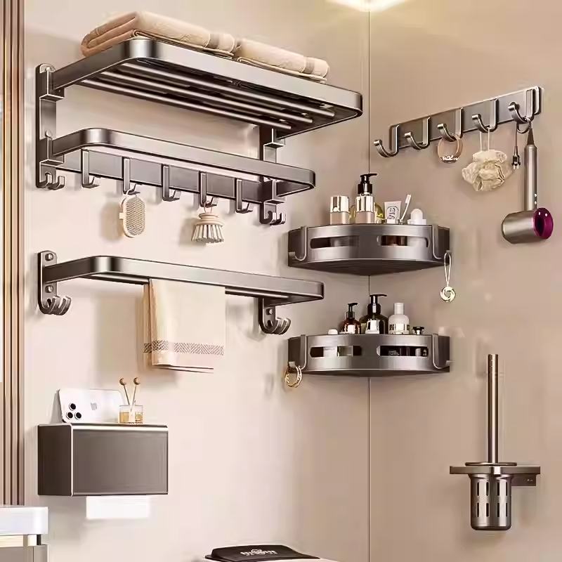 毛巾架卫生间置物架免打孔浴巾架一体挂架套件厕所浴室架子收纳